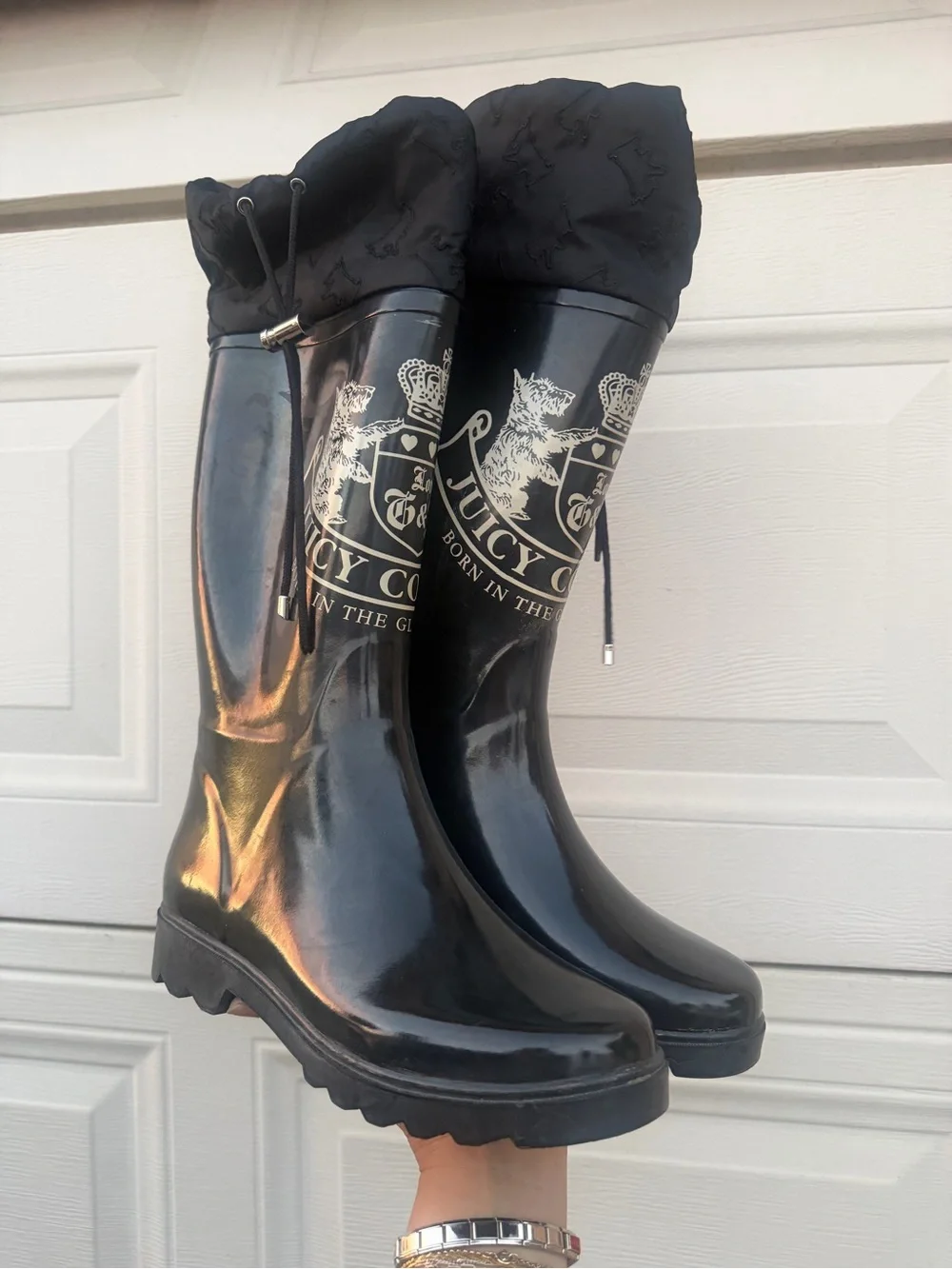 Juicy Couture Black Glossy Logo Rain Boots with Drawstring Shaft